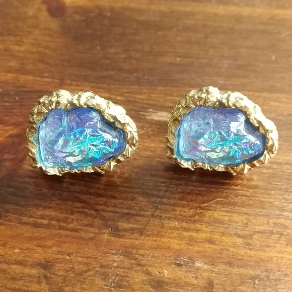 Vintage SWANK Cufflinks Blue Glacier Glass Iridescent Aurora Borealis Geode - Picture 2 of 6